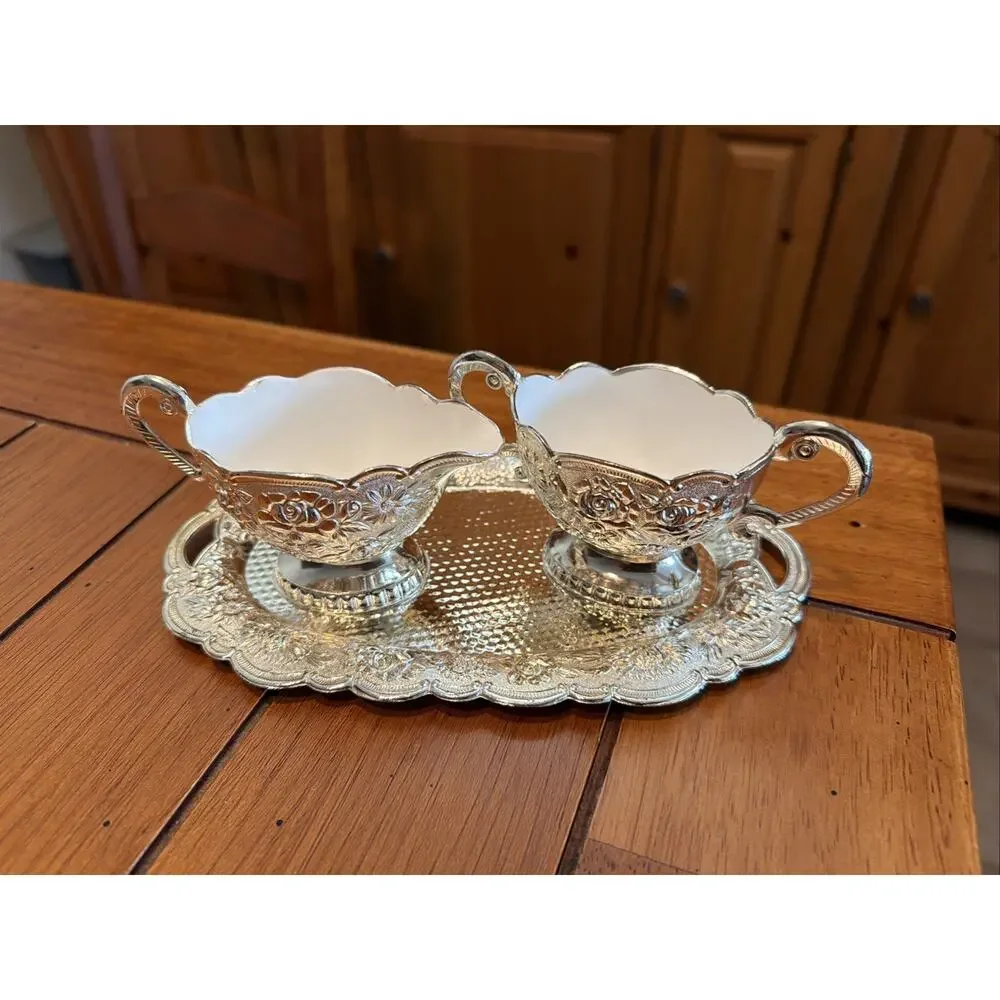NEW OS Vintage Leonard Silver Plated Floral Sugar/Creamer 2.5” Tray Is 8” Japan
